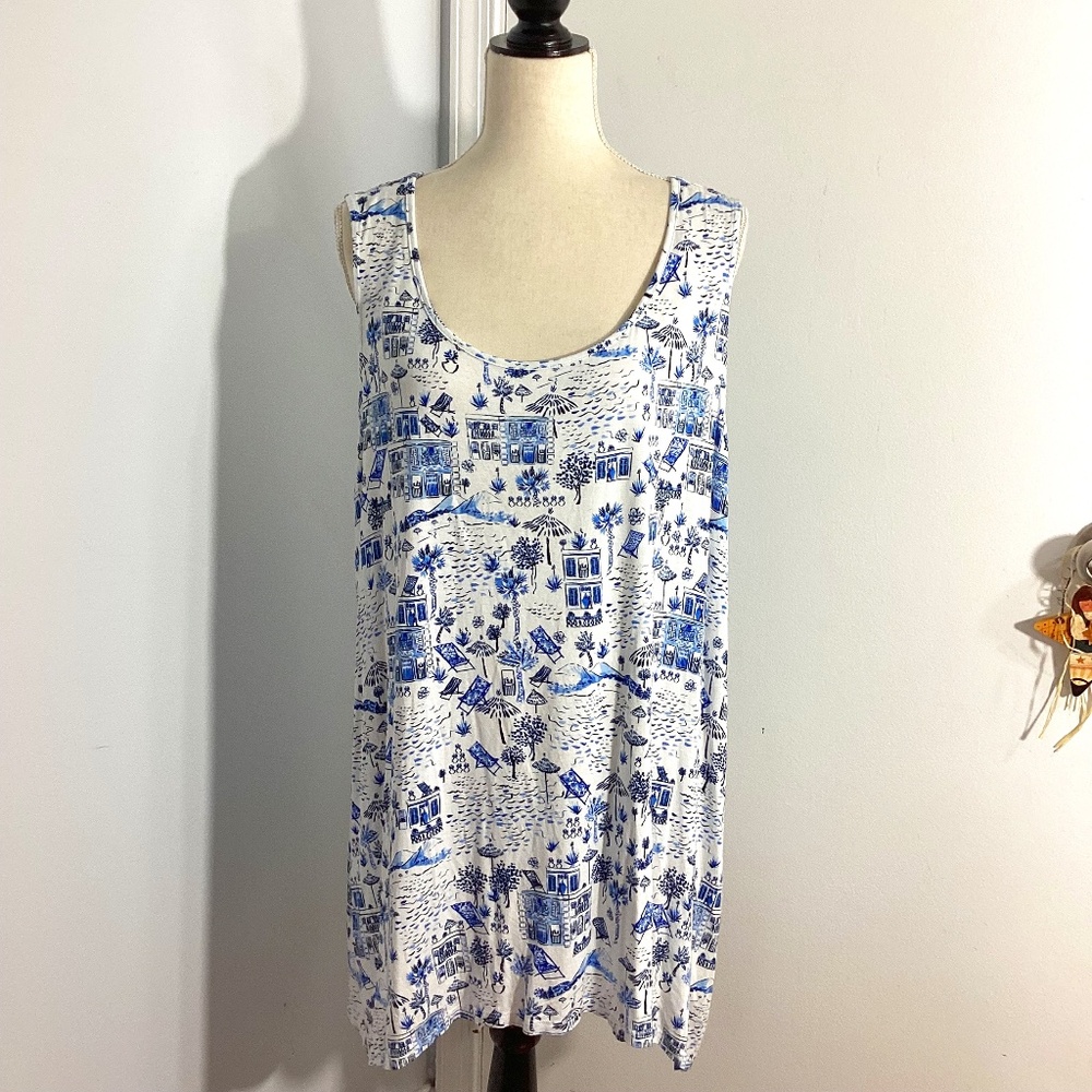 ST.TROPEZ WEST WOMAN PLUS 2X TOP  TUNIC SLEEVELESS WHITE BLUE BEACH RESORT